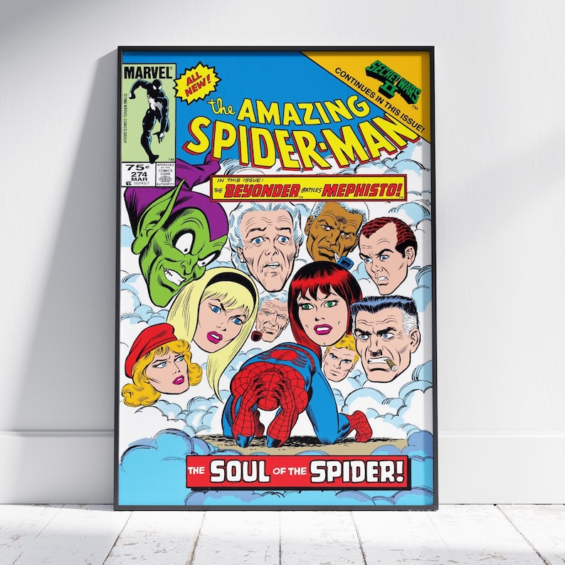 May include: A framed comic book cover of "The Amazing Spider-Man" featuring Spider-Man, the Green Goblin, and other characters. The cover has a blue background with the text "The Soul of the Spider!" and "Secret Wars continues in this issue!"
