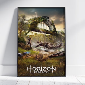 Op de afbeelding: Een ingelijste poster met een fantasielandschap met een brug overwoekerd met vegetatie. Een figuur met een wapen staat tegenover een mechanisch wezen in een rivier. De poster heeft de tekst "Horizon Zero Dawn".