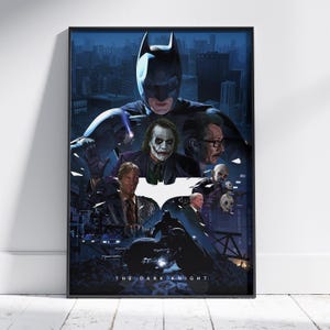May include: A film poster for The Dark Knight featuring Batman at the top, the Joker, Harvey Dent, and other characters in the centre, and a motorcycle at the bottom. The colour palette is dominated by dark blue tones with a city skyline background.