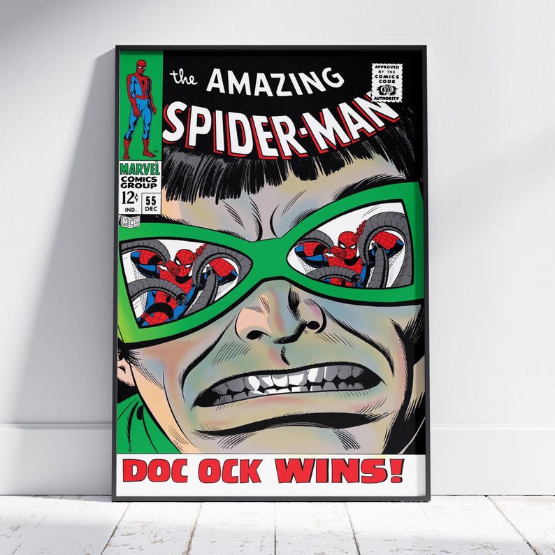 May include: A framed comic book cover of "The Amazing Spider-Man" featuring Doctor Octopus. The cover art shows a close-up of Doctor Octopus's face with Spider-Man reflected in his green goggles. Text includes "DOC OCK WINS!" and "MARVEL COMICS GROUP".