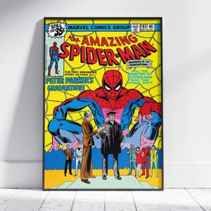 May include: A framed comic book cover of The Amazing Spider-Man. The cover features Spider-Man in a red and blue suit, with the text "The Amazing Spider-Man" in large yellow letters. The cover also includes the text "Peter Parker's Graduation!"