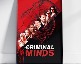 May include: A framed poster with a red and black design featuring the text "CRIMINAL MINDS" and images of several people. The background has a skull outline and a dark, abstract design.