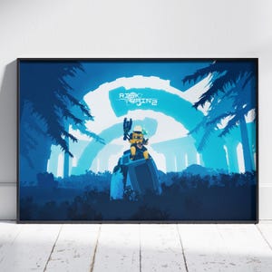 May include: A framed poster featuring a stylized illustration from the video game "Risk of Rain 2." The artwork depicts a yellow character with a weapon, set against a blue and white landscape with the game's title prominently displayed.
