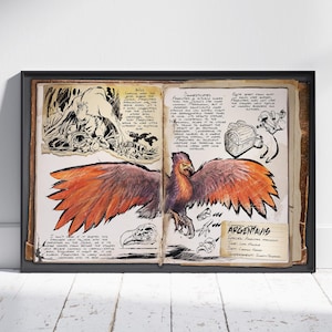 May include: Framed artwork depicting a creature with large orange and purple wings, labelled "Argentavis." The illustration resembles a page from a vintage journal, with sketches and handwritten notes detailing the creature's characteristics and habitat.