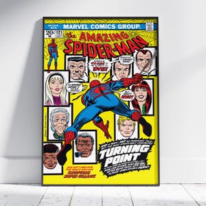 May include: A framed comic book cover of The Amazing Spider-Man, issue #121, featuring Spider-Man in action. The cover is predominantly yellow with various character portraits and speech bubbles. Text includes "Turning Point" and "Marvel Comics Group."