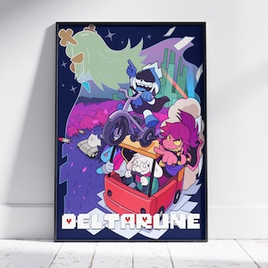 May include: A framed poster featuring a colorful illustration of characters from the video game Deltarune. The artwork depicts a character riding a bicycle, another in a red vehicle, and other characters in a fantasy landscape. The word "DELTARUNE" is at the bottom.