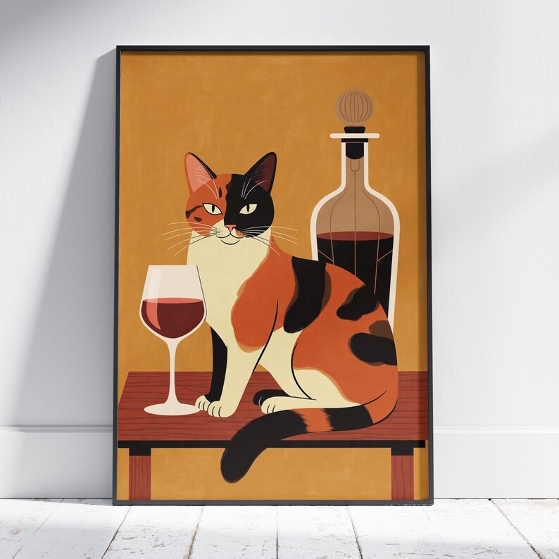 Minimalist Cat and Wine Poster | Cat Lover Wall Art | Premium Matte ...