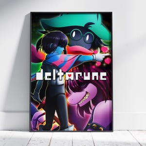 May include: A framed poster featuring characters from the video game Deltarune. The artwork showcases a character in a blue and pink outfit, with the word "Deltarune" in white block letters. Other characters are also visible in the background.