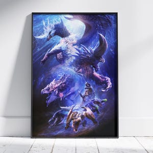 May include: A framed art print featuring a fantasy illustration of several large, detailed, and colorful dragons. The artwork is dominated by shades of blue, purple, and brown, with dynamic poses and intricate details. The print is in a black frame.