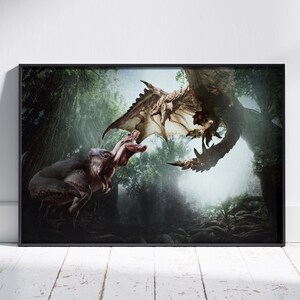 May include: A framed print depicting a dramatic scene of a Tyrannosaurus Rex facing off against a dragon in a lush, green forest. The artwork features detailed illustrations of the creatures, with a focus on their menacing expressions and sharp claws.