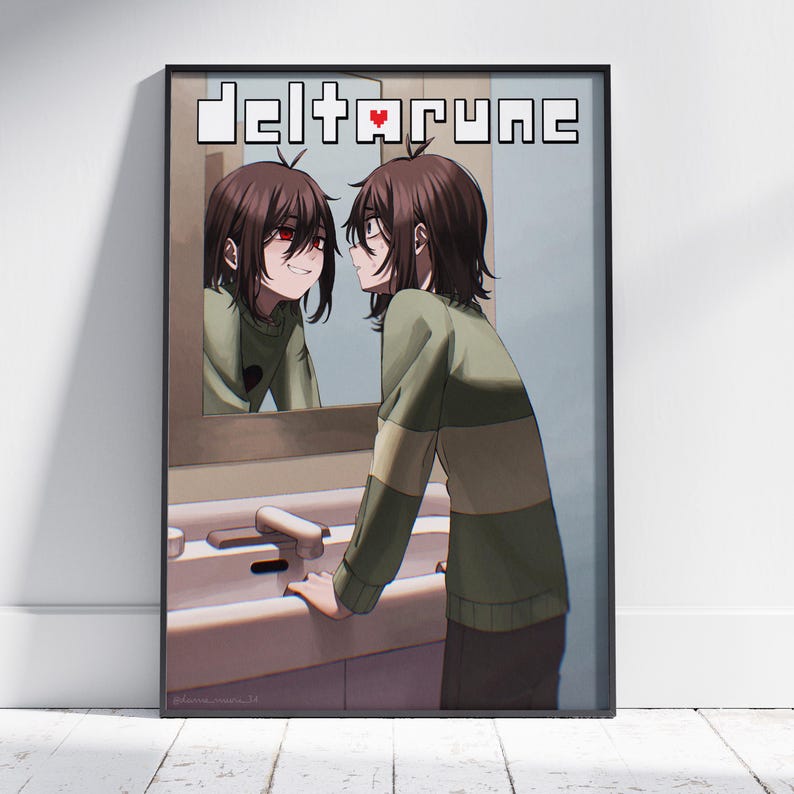 May include: A framed poster featuring artwork from the video game Deltarune. The image shows a character in a green sweater looking at their reflection in a mirror. The word "Deltarune" is displayed at the top in pixelated font.