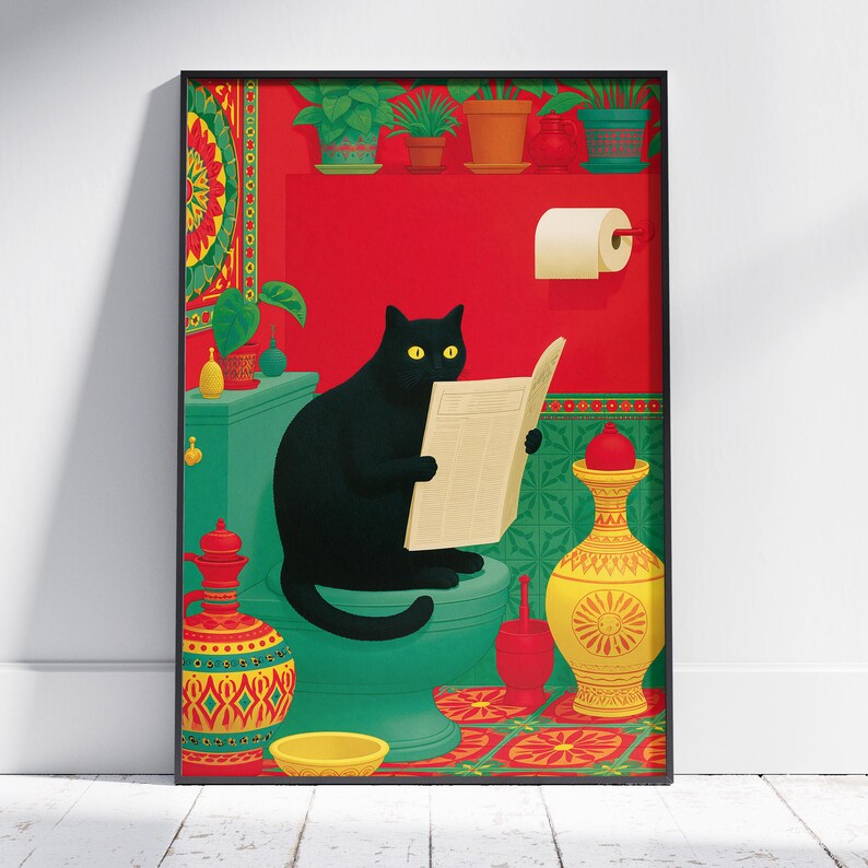 Black Cat Toilet Poster | Funny Bathroom Wall Art | Premium Matte Paper ...