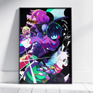 May include: A framed poster featuring stylized characters from the video game Deltarune. The artwork showcases a group of characters in vibrant colors, including purple, blue, pink, and green, set against a black background. The text "deltarune chapter 2" is visible.