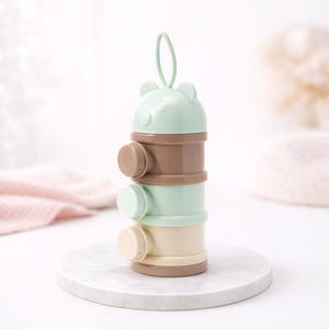 Può includere: Un contenitore impilabile per latte artificiale per bambini in colori pastello. Il contenitore è composto da quattro sezioni: un coperchio verde menta con orecchie da orso, una sezione centrale marrone, una sezione verde menta e una base beige. Ogni sezione ha una piccola apertura rotonda. Un anello verde è attaccato in alto.