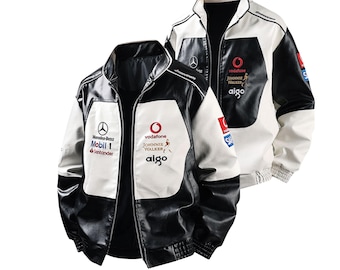 Vintage Mercedes Inspired PU Leather Embroidered Jacket, Unisex Motorsport Streetwear Bomber Coat Y2K