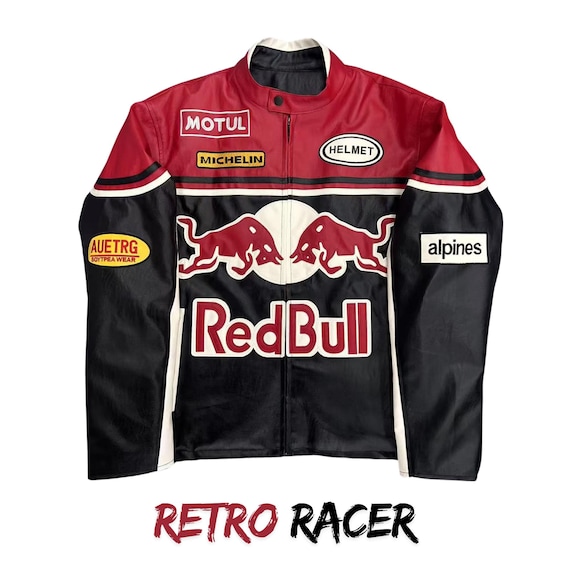 Red Bull Racing Jacket Faux Leather Moto Biker Embroidered F1 Streetwear Jacket Vintage Style