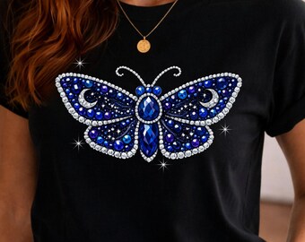 Chemise papillon bleue, t-shirt effet strass imprimé, cadeau papillon