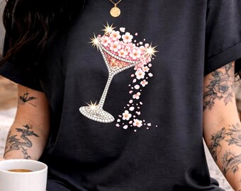 Martini Shirt, Cocktail Party Tee, Bachelorette Gift,  Printed Rhinestone Look
