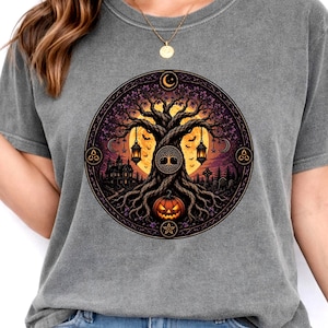 Tree of Life Halloween Shirt, Witchy Haunted House and Jack O Lantern T-Shirt, Spooky Autumn Folk Art Tee, Comfort Colors Shirt