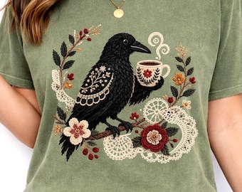 Crow Shirt, Coffee Lover Tee, Boho Bird T-Shirt, Cottagecore Gift, Comfort Colors