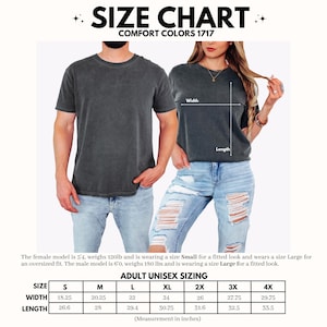 Size chart for Comfort Colors 1717 adult unisex t-shirts. The chart shows width and length measurements in inches for sizes S through 4X. The image includes a man and woman wearing the t-shirts. The female model is 5'4" and the male model is 6'0".