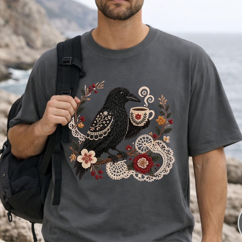Black crow holding a coffee cup with floral and lace details on a papper Comfort Colors t-shirt