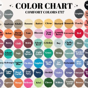 A color chart titled "COLOR CHART COMFORT COLORS 1717" shows circular swatches of available t-shirt colors, including neutrals, pinks, reds, oranges, yellows, greens, blues, purples, and dark shades, with examples like Navy, Orchid, Bright Salmon, Ivory, and Black.