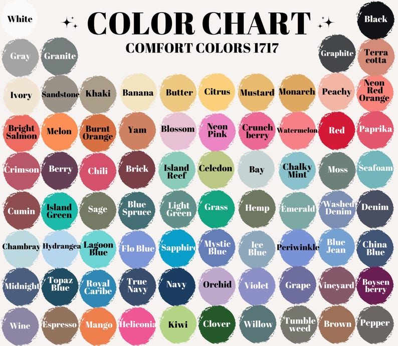 A color chart titled "COLOR CHART COMFORT COLORS 1717" shows circular swatches of available t-shirt colors, including neutrals, pinks, reds, oranges, yellows, greens, blues, purples, and dark shades, with examples like Navy, Orchid, Bright Salmon, Ivory, and Black.