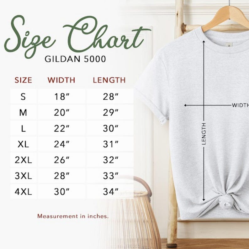 A light gray Gildan 5000 t-shirt size chart with measurements in inches. The chart lists sizes S to 4XL, with corresponding width and length measurements. The text "Size Chart" is at the top, with "GILDAN 5000" below it.