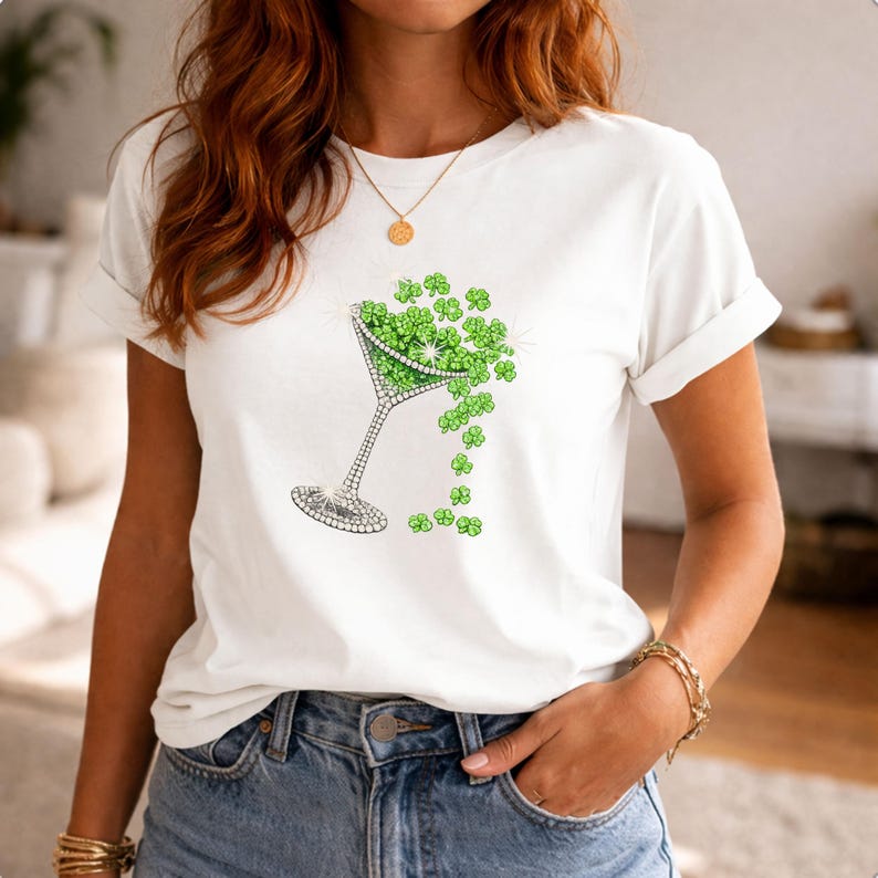 Woman wearing a white T-shirt with a rhinestone-style martini glass design decorated with shamrock clovers.