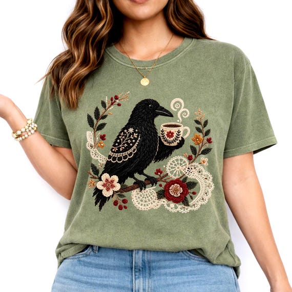 Crow Shirt, Coffee Lover Tee, Boho Bird T-Shirt, Cottagecore Gift, Comfort Colors