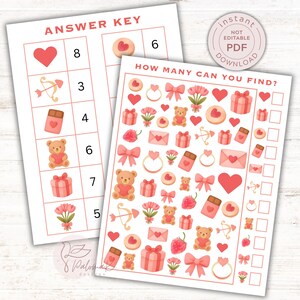 Puede incluir: Dos hojas de actividades imprimibles con temática de San Valentín. Una hoja es una clave de respuestas con imágenes numeradas de corazones, lazos y osos de peluche. La otra hoja es un juego de "¿Cuántos puedes encontrar?" con ilustraciones.