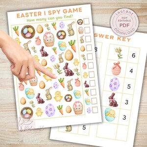 May include: Easter I Spy Game printable with colorful illustrations of Easter eggs, bunnies, chicks, and carrots. The game includes a checklist and an answer key. The text on the game says "Easter I Spy Game" and "How many can you find?"