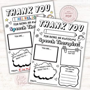 Può includere: Due biglietti di ringraziamento stampabili in bianco e nero per un logopedista. Le carte hanno sezioni da compilare per la personalizzazione, con il testo "Grazie" e "Per essere un fantastico logopedista!"