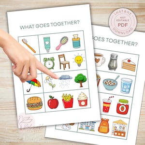 以下が含まれることがあります： 「何が一緒になる？」というタイトルの2つの印刷可能な教育用ワークシートには、ペアになったオブジェクトのカラフルなイラストが描かれています。手は雨の雲を指しています。ワークシートには「インスタントPDFダウンロード」と表示されています。