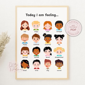 May include: A framed print with the text "Today I am feeling..." and illustrations of children expressing different emotions like happy, sad, and angry. The print includes the words "instant" and "PDF download".