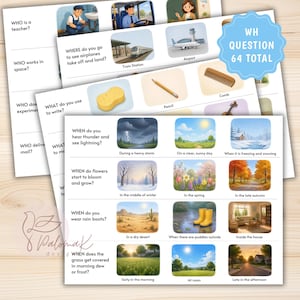 Pode incluir: Cartões educativos com perguntas WH e ilustrações. Os cartões incluem textos como WHO is a teacher, WHAT do you use to write e WHEN do you hear thunder. Um emblema azul indica WH QUESTION 64 TOTAL.