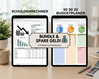 Finanzplaner Bundle Excel / Google Sheets | 50 30 20 Budget Planer & Schulden Rechner | Haushaltsbuch Vorlage Deutsch | Sparpaket