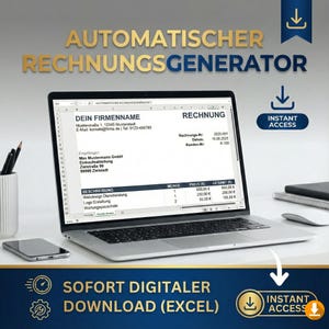Puede incluir: Un portátil muestra una factura digital con el texto "AUTOMATISCHER RECHNUNGSGENERATOR". La factura detalla la información de la empresa y los servicios. Un smartphone y un ratón también son visibles en la imagen.
