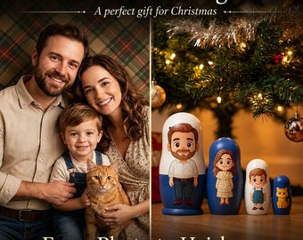 Personalized Christmas Nesting Dolls, Custom Family Matryoshka Dolls,Hand Painted Wooden Russian Dolls,Family Portrait Gift, Christmas Decor