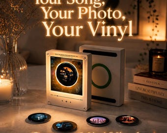 Personalized Mini Record Player with Custom Photo, 9 Vinyl Discs, NFC Music Player, Custom Music Box, Rechargeable Vinyl Player, Music Gift