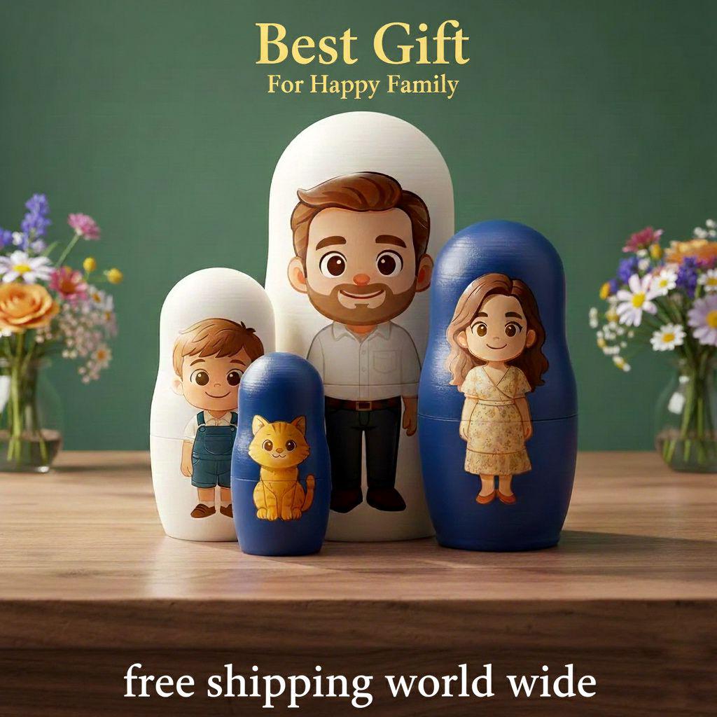 Poupée Russe Personnalisée Avec Portrait Et Effet D'aperçu - Portrait De Famille Personnalisé Style Dessin Animé - Cadeau Photo De Noël