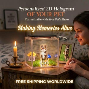 Può includere: Un cubo di acrilico trasparente che mostra un ologramma 3D di un cane, con il testo "Personalized 3D Hologram OF YOUR PET" e "Making Memories Alive". Sono visibili anche una foto incorniciata del cane e una candela accesa.