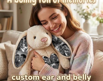Gepersonaliseerde pluche konijn met foto, konijn met eigen foto, foto op oor en buik, cadeau voor een stel, jubileum, verjaardag, Valentijnsdag, vaderdagcadeau