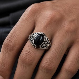 Sterlingzilveren zegelring met zwarte onyx heren | Vintage gotische statement-sieraden