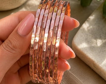 Set of 7 Hammered Copper Bangles | Solid Handmade Boho Bracelet Stack
