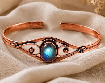 Handgemaakte koperen labradoriet manchetarmband | Boho sierlijke edelsteen sieraden