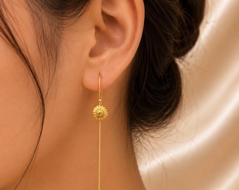 Orecchini pendenti in ottone placcato oro / Orecchini floreali minimalisti / Orecchini pendenti a barretta lunga / Orecchini a margherita / Regalo per lei