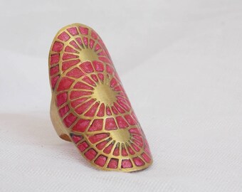 Polymer Clay Ring, Statement Brass Ring, Large Brass Ring, Statement Pink Ring, Geometic Brass Ring, Fuchsia Pink Ring, Art Deco Ring