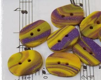 Oblong Polymer Clay Buttons, Stripped Buttons, Purple & Yellow Buttons, Oval Handmade Buttons, Knitting Supplies, Artistic Buttons